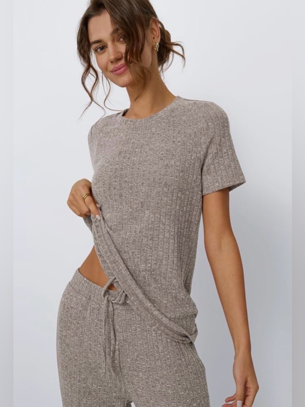 Soft Ribbed Lounge Set 2 Piece Matching Set Comfy Outfit Relaxed Fit Khaki - Picture 5 of 5